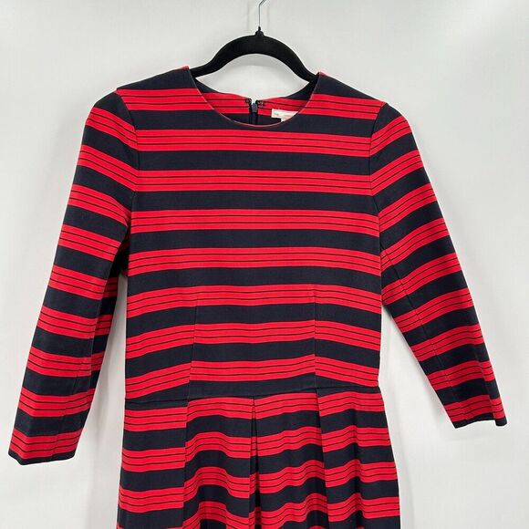 GAP Navy Blue Red Stripe 3/4 Sleeve Pleated Fit & Flare Office Mini Dress Size 4 - Picture 3 of 8